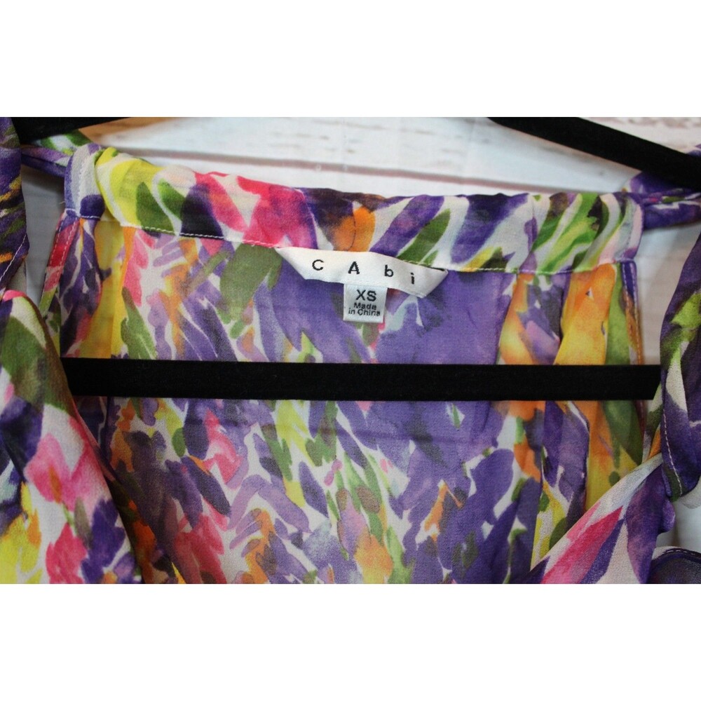 CAbi Petals Top #730 XS Watercolor Floral Sheer Faux Wrap Sleeveless Blouse - Picture 5 of 6
